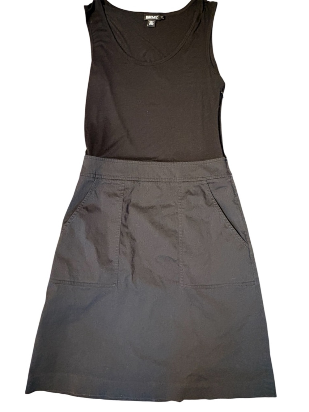 DKNY Black Mixed Media Dress Size 6 Sleeveless Stretch Top Pockets